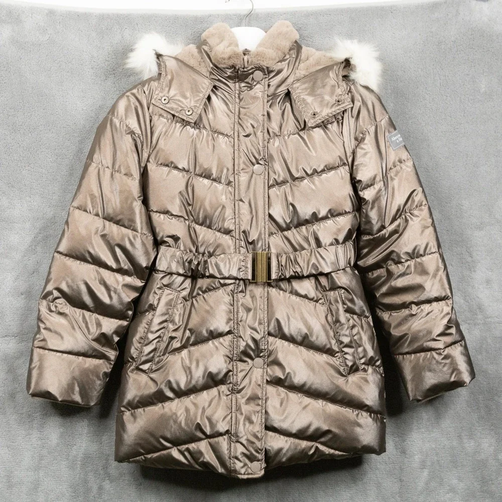 ABERCROMBIE & FITCH Metallic Belted Faux Fur Puffer Parka Coat Bronze Girls 9/10